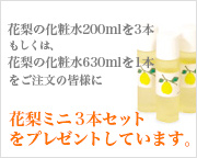 花梨の化粧水200mlを3本、もしくは、花梨の化粧水630mlを1本をご注文の皆様に花梨ミニ3本セットをプレゼントしています。